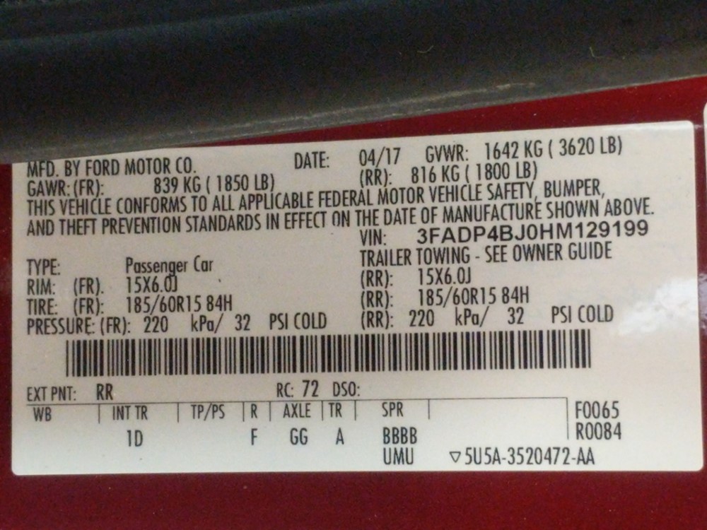2017 Ford Fiesta - VIN Plate