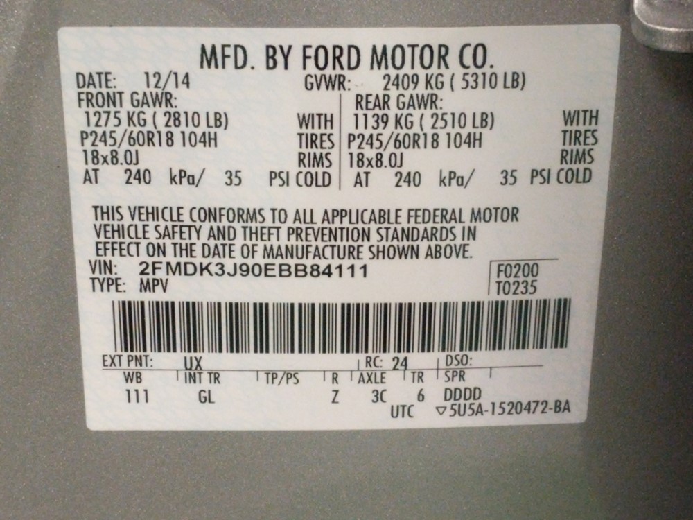 2014 Ford Edge - VIN Plate