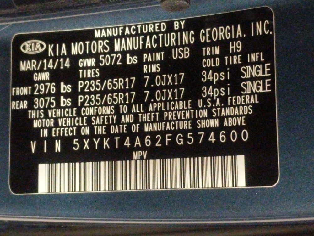 2015 Kia Sorento - VIN Plate