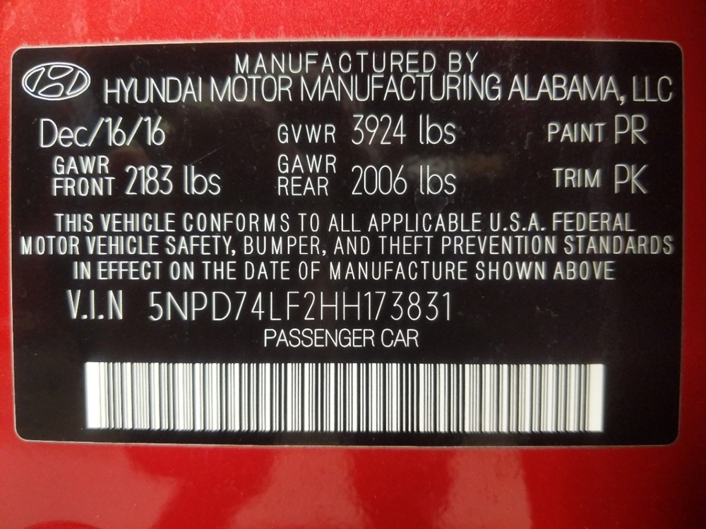 2017 Hyundai Elantra - VIN Plate