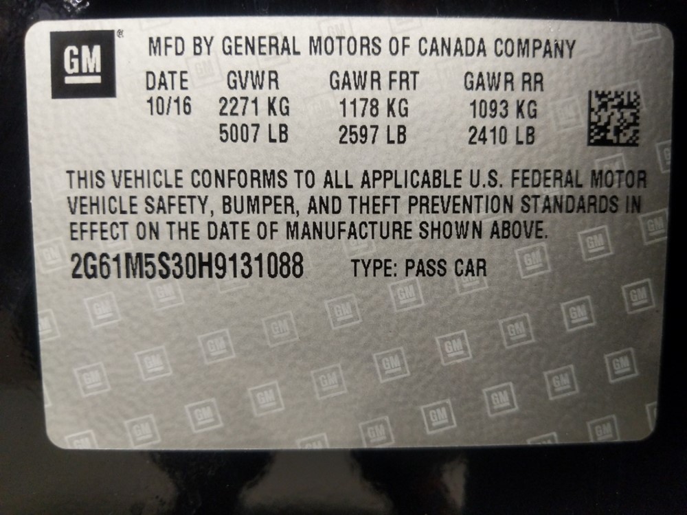 2017 Cadillac XTS - VIN Plate
