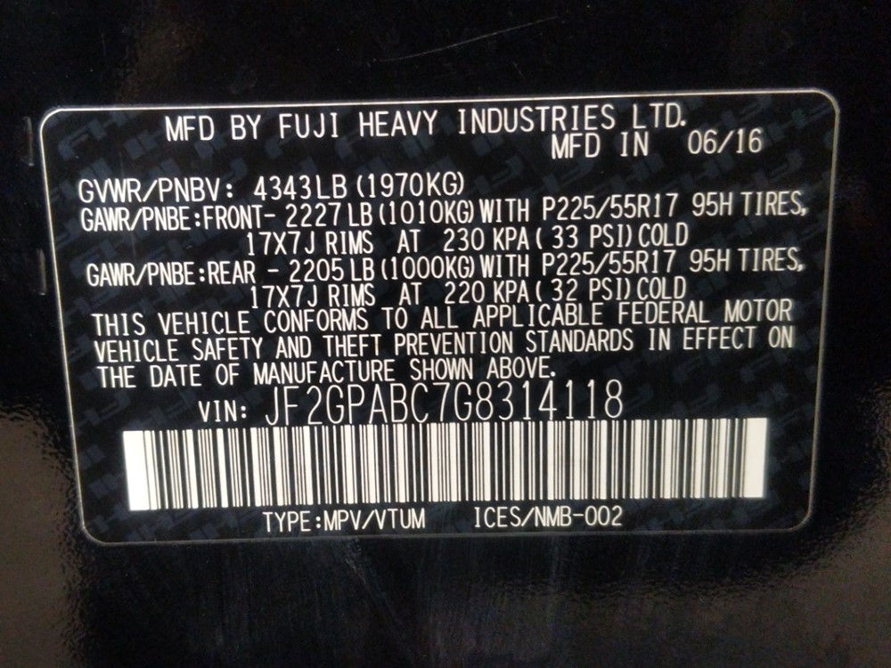 2016 Subaru Crosstrek - VIN Plate