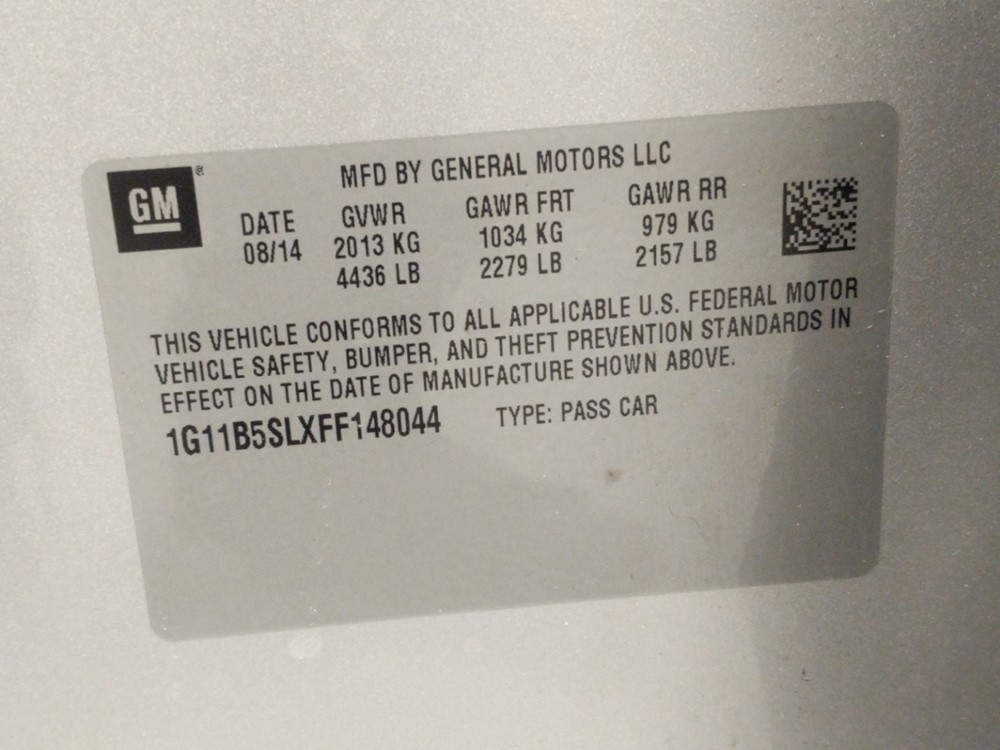 2015 Chevrolet Malibu - VIN Plate