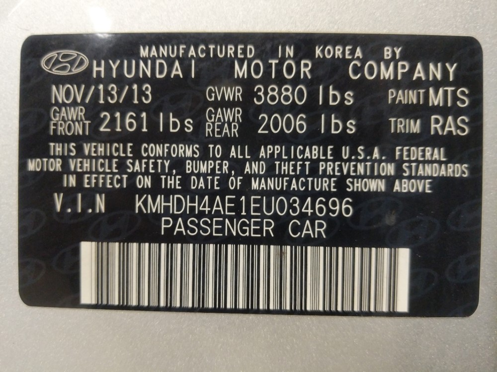 2014 Hyundai Elantra - VIN Plate