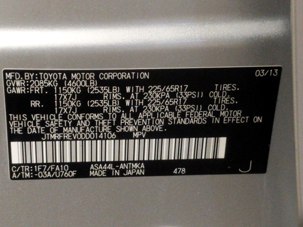 2013 Toyota RAV4 - VIN Plate