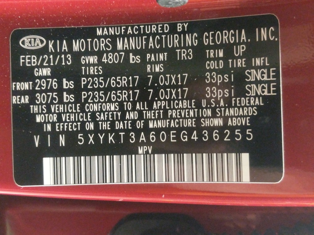 2014 Kia Sorento - VIN Plate