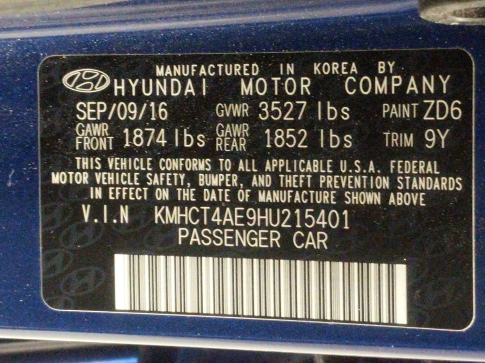 2017 Hyundai Accent - VIN Plate