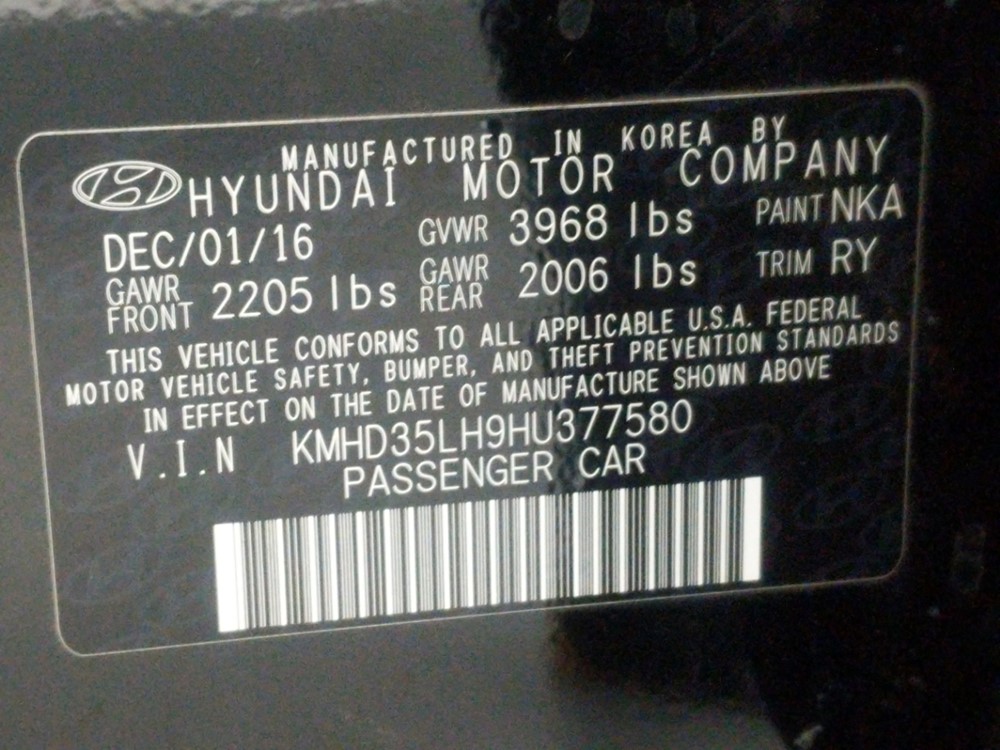 2017 Hyundai Elantra - VIN Plate