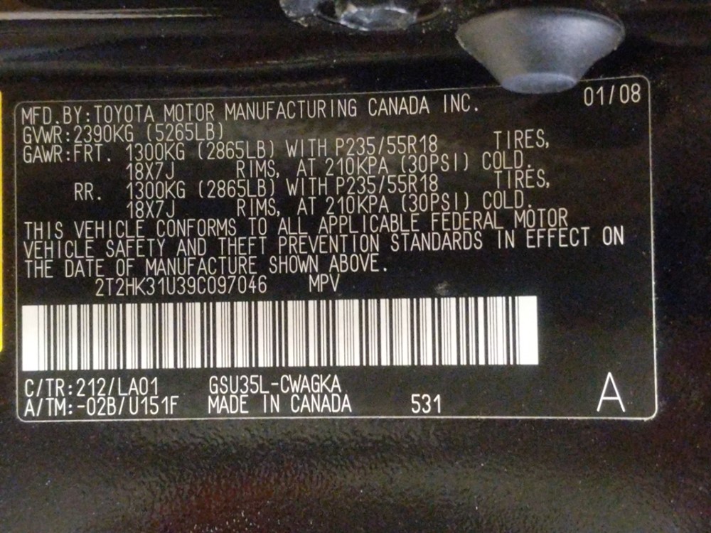 2009 Lexus RX 350 - VIN Plate