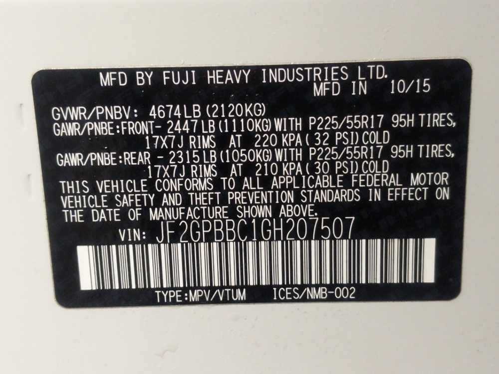 2016 Subaru Crosstrek - VIN Plate