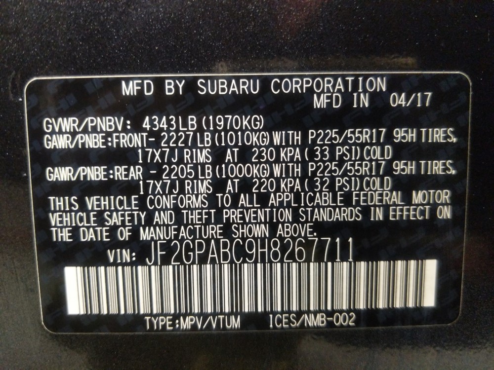 2017 Subaru Crosstrek - VIN Plate