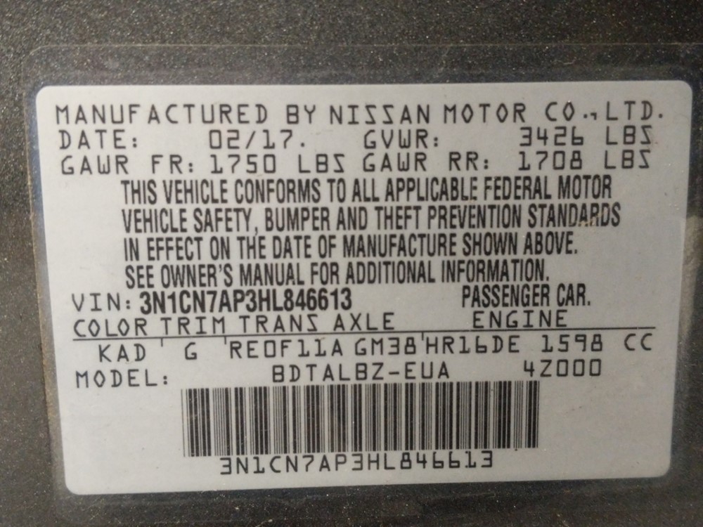 2017 Nissan Versa - VIN Plate