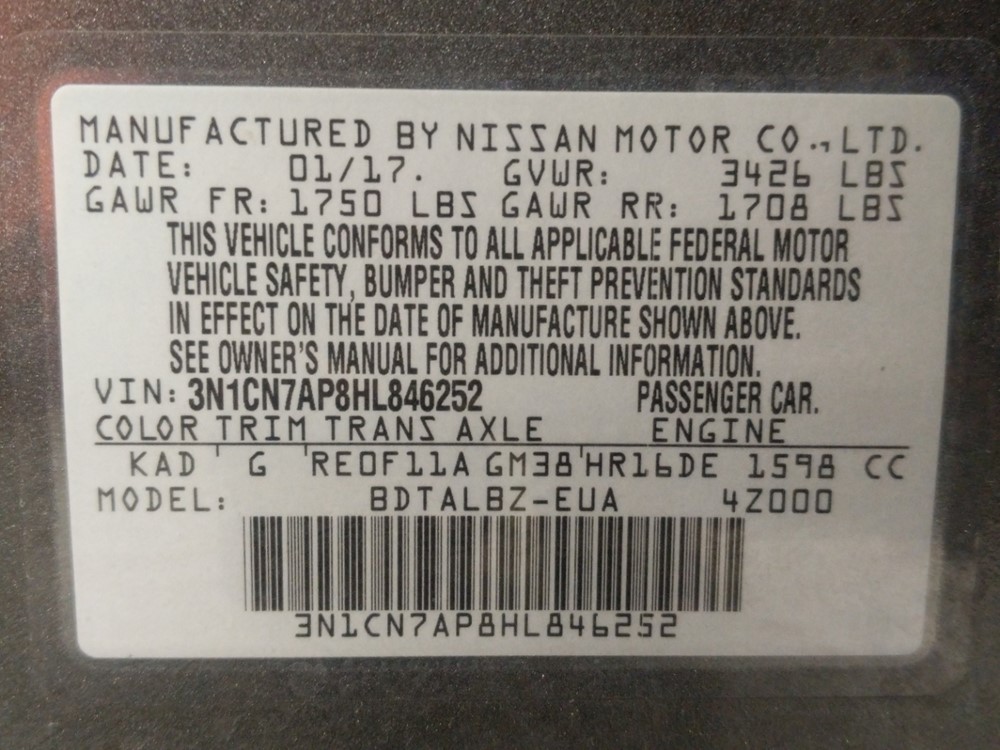 2017 Nissan Versa - VIN Plate
