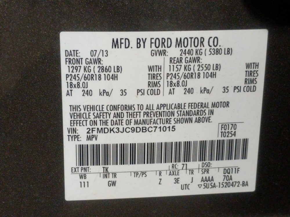 2013 Ford Edge - VIN Plate