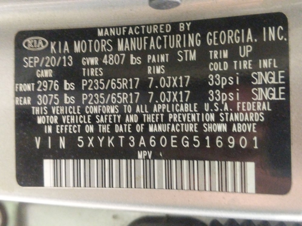 2014 Kia Sorento - VIN Plate