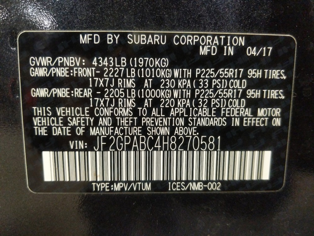 2017 Subaru Crosstrek - VIN Plate