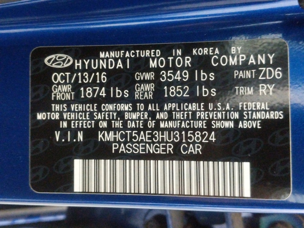 2017 Hyundai Accent - VIN Plate