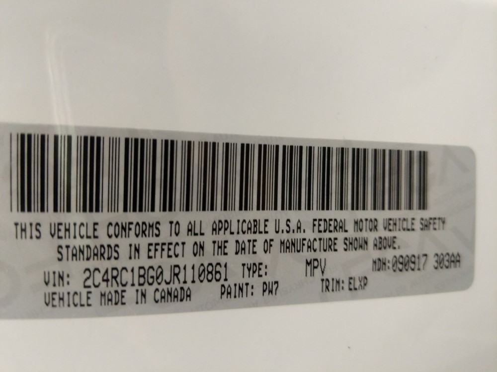 2018 Chrysler Pacifica - VIN Plate
