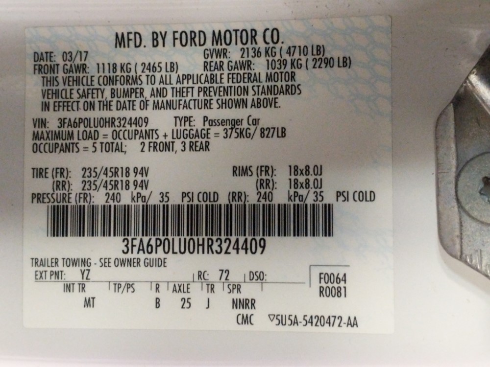 2017 Ford Fusion - VIN Plate