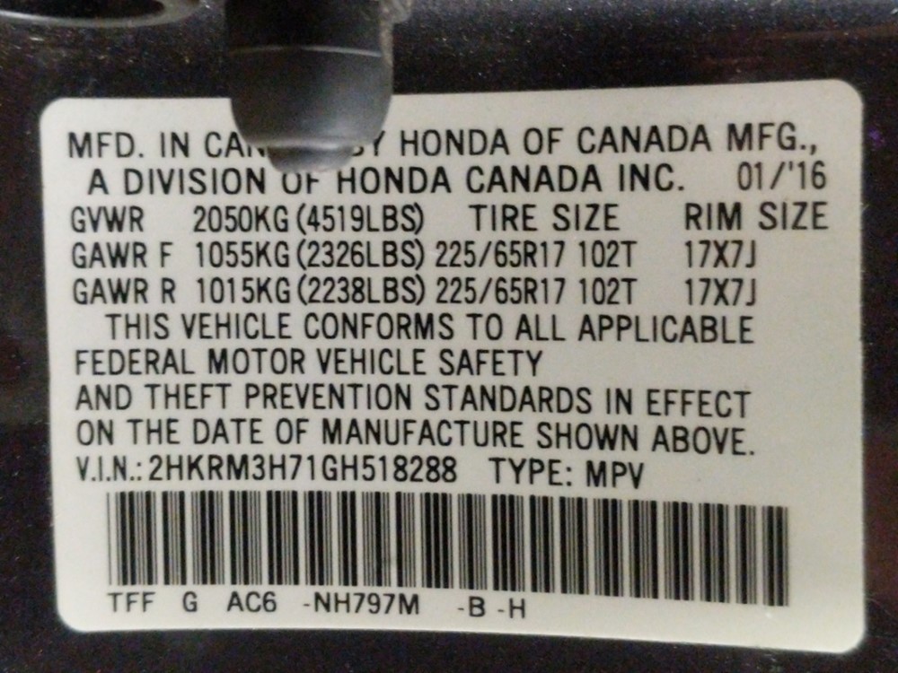 2016 Honda CR-V - VIN Plate