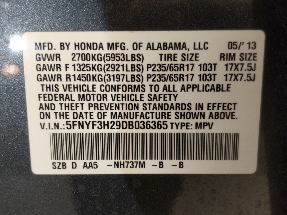2013 Honda Pilot - VIN Plate