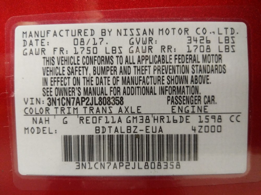 2018 Nissan Versa - VIN Plate