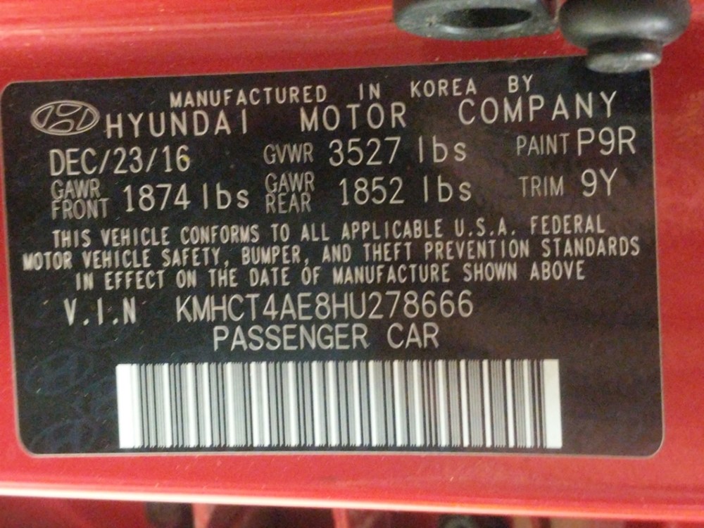 2017 Hyundai Accent - VIN Plate