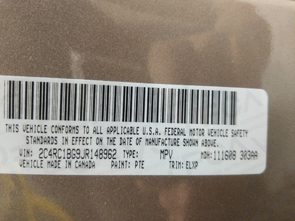 2018 Chrysler Pacifica - VIN Plate