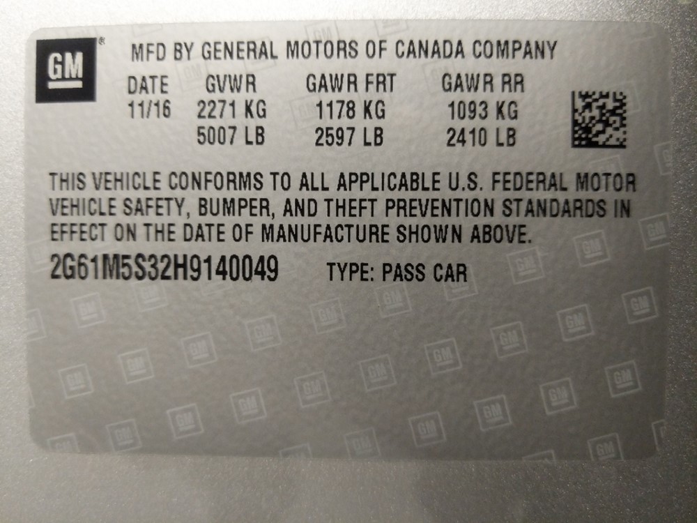 2017 Cadillac XTS - VIN Plate