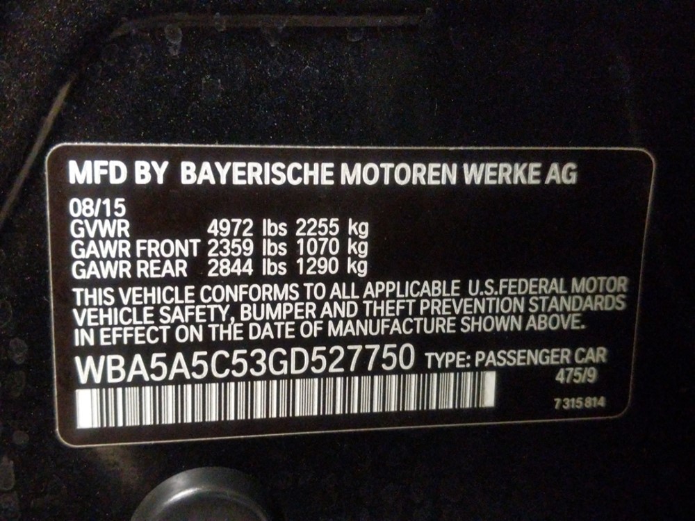 2016 BMW 528i - VIN Plate