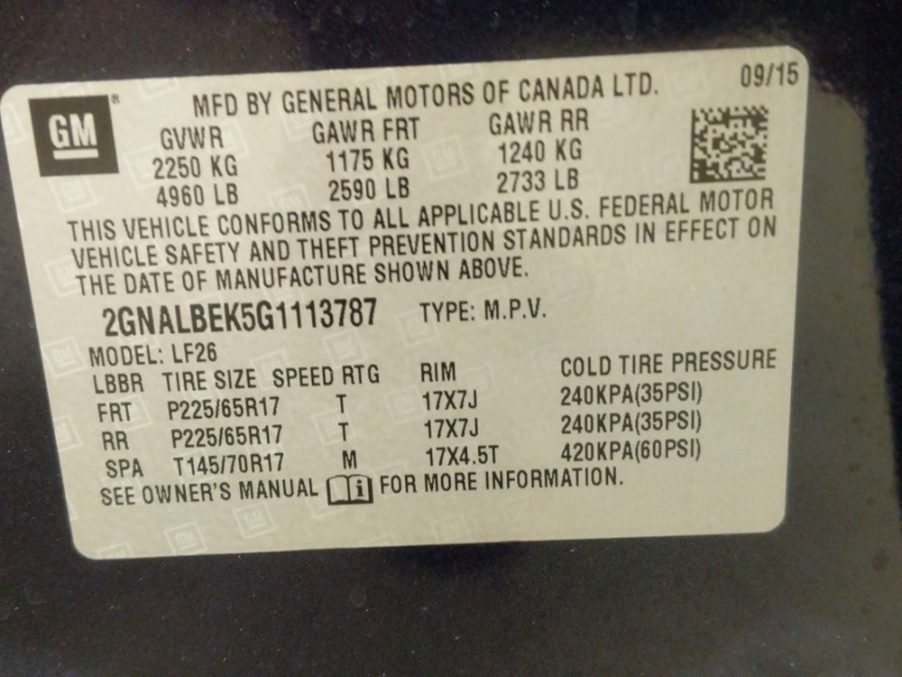 2016 Chevrolet Equinox - VIN Plate