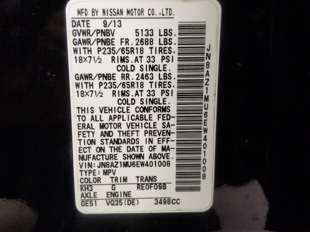 2014 Nissan Murano - VIN Plate