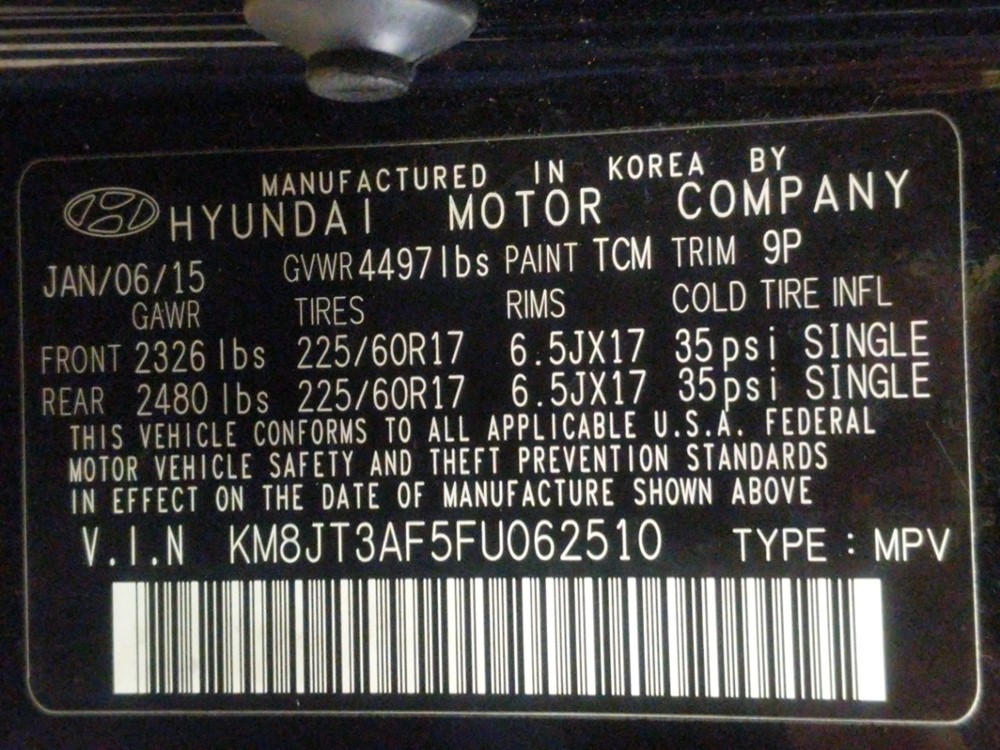 2015 Hyundai Tucson - VIN Plate