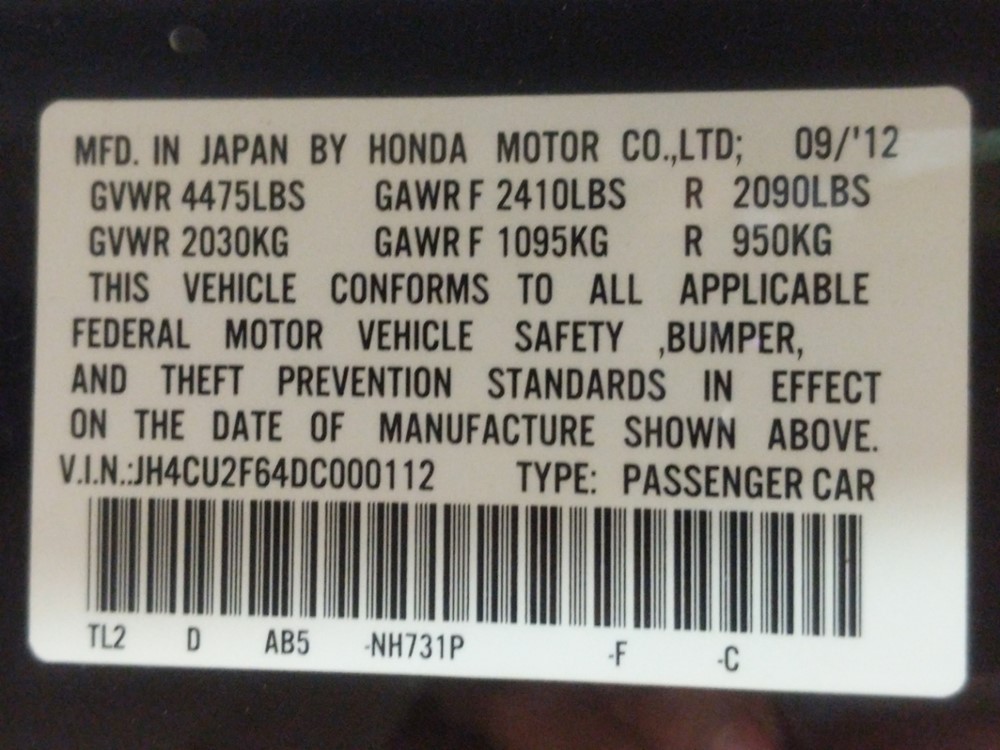 2013 Acura TSX - VIN Plate
