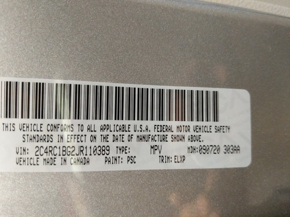 2018 Chrysler Pacifica - VIN Plate
