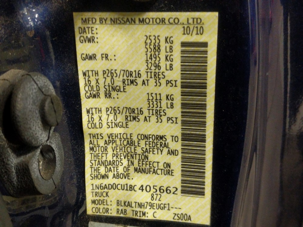 2011 Nissan Frontier - VIN Plate
