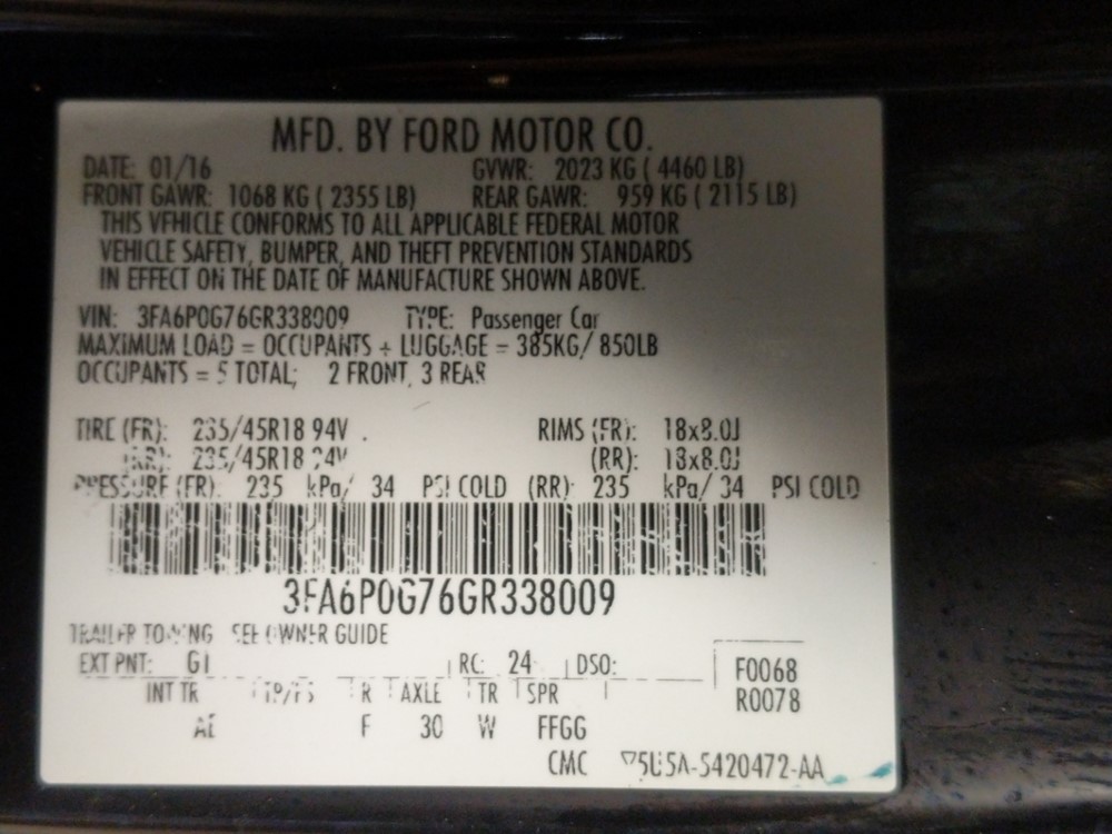 2016 Ford Fusion - VIN Plate