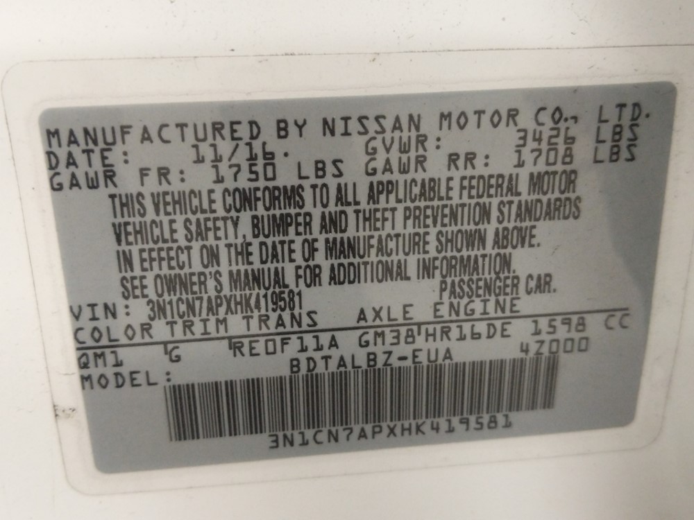 2017 Nissan Versa - VIN Plate