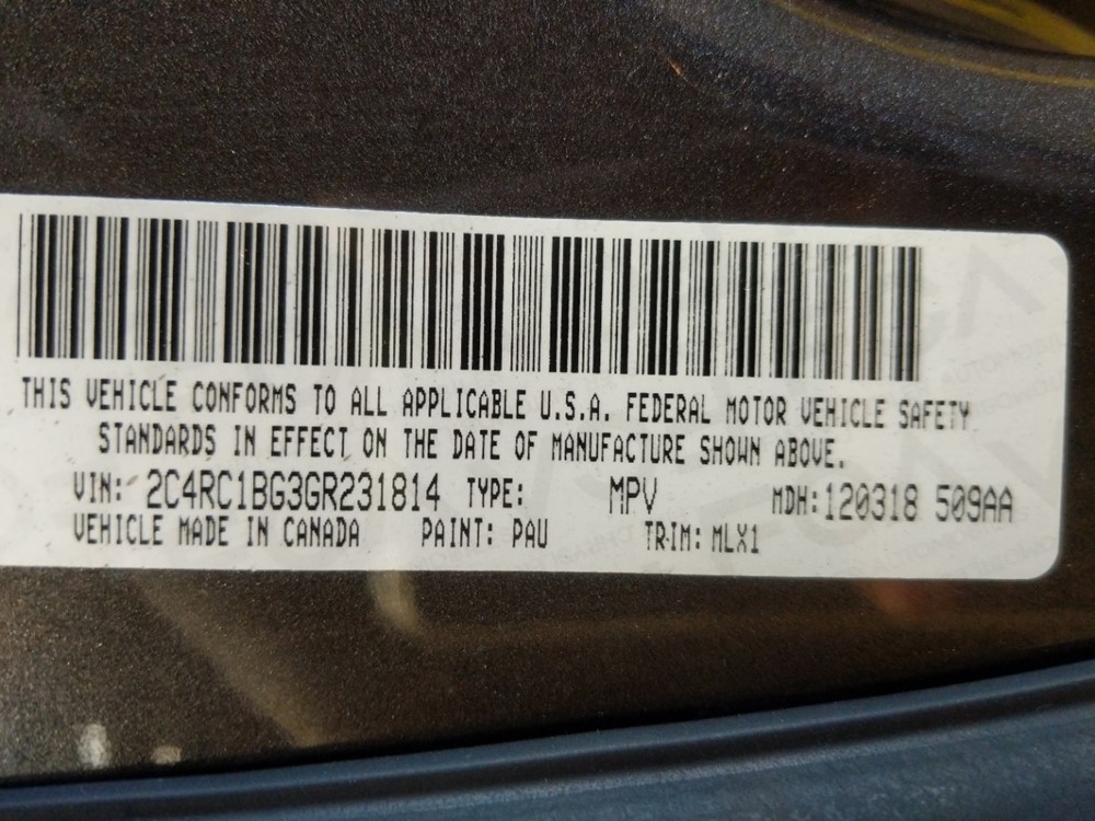 2016 Chrysler Town and Country - VIN Plate
