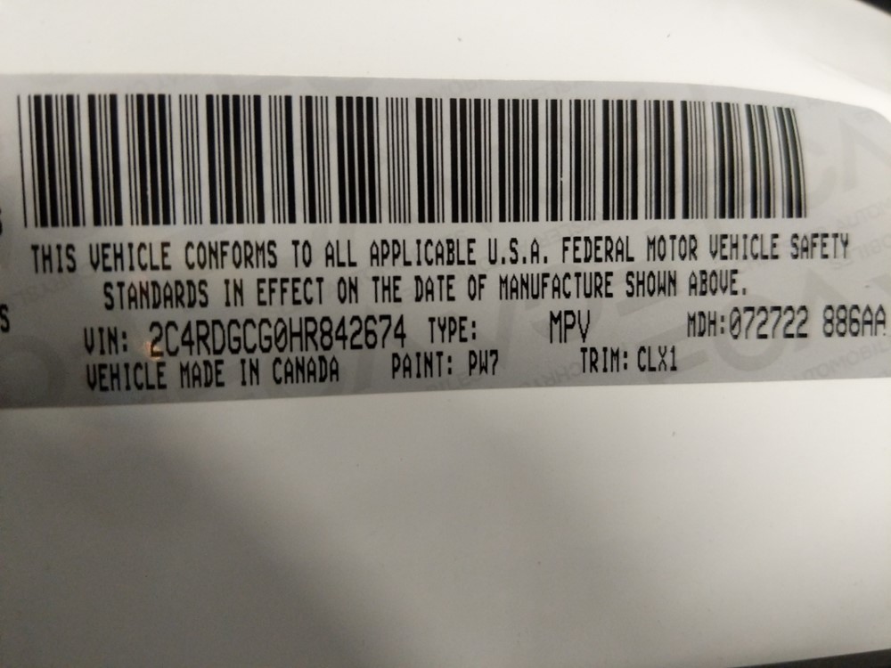 2017 Dodge Grand Caravan - VIN Plate