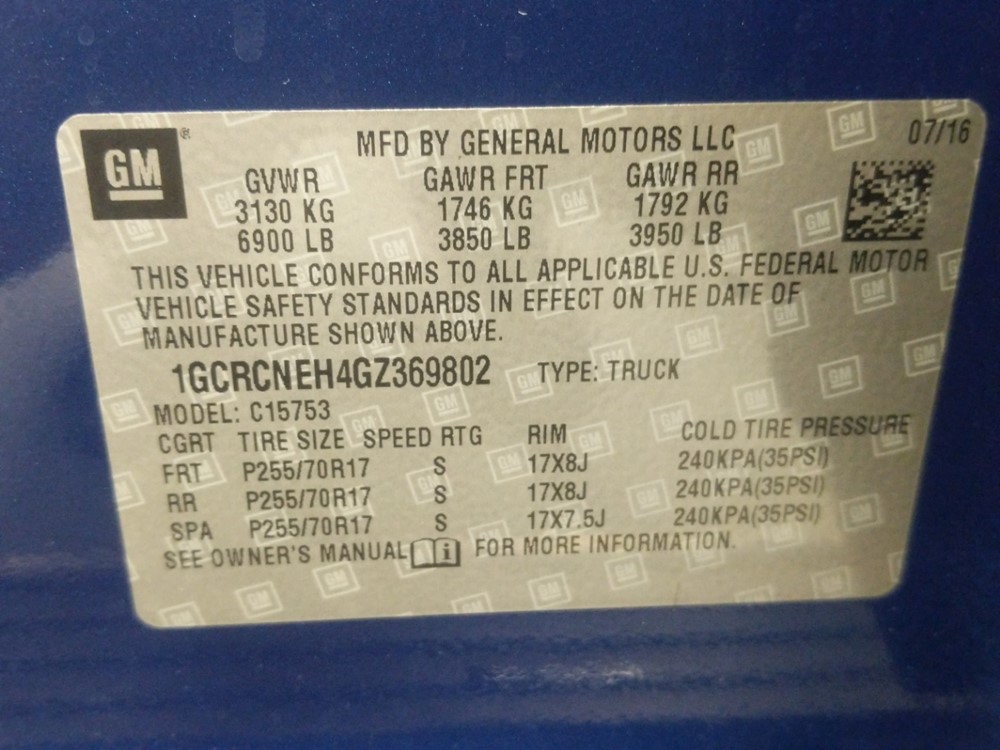 2016 Chevrolet Silverado 1500 - VIN Plate