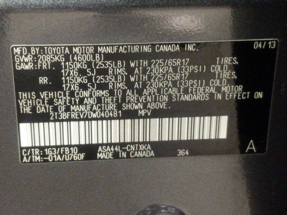 2013 Toyota RAV4 - VIN Plate