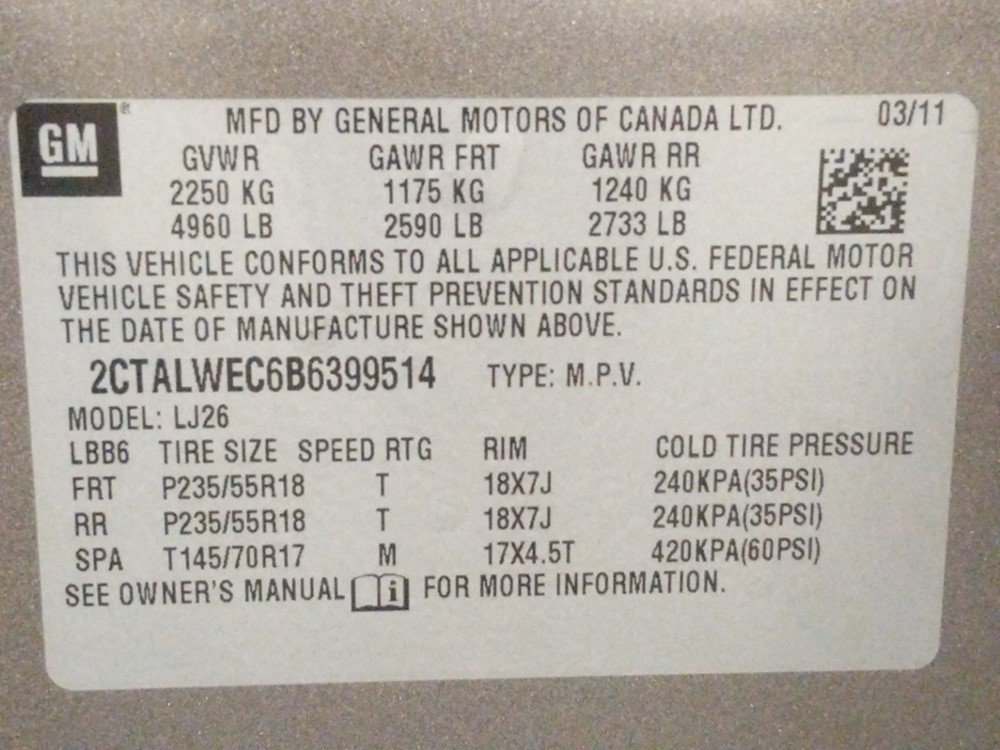 2011 GMC Terrain - VIN Plate
