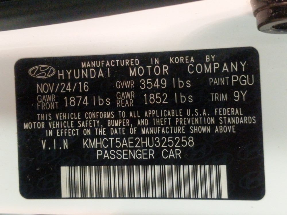 2017 Hyundai Accent - VIN Plate
