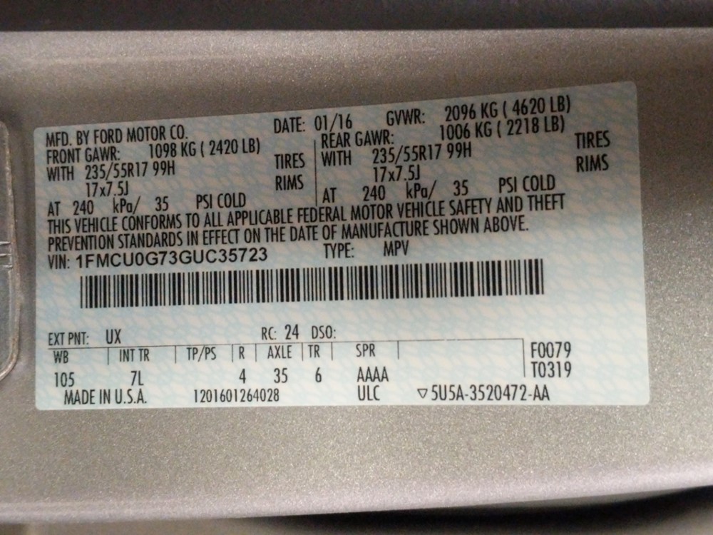 2016 Ford Escape - VIN Plate