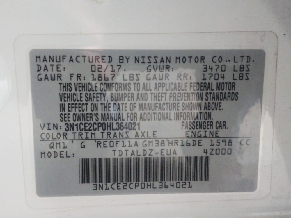2017 Nissan Versa - VIN Plate