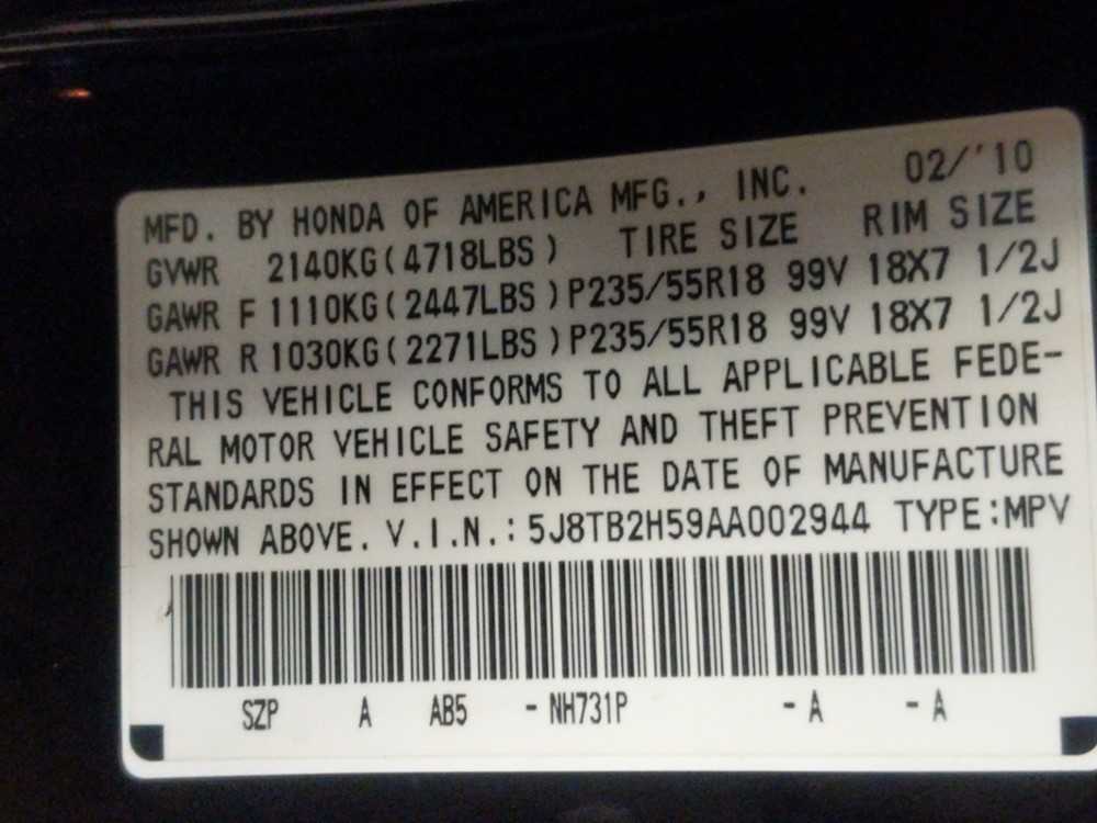 2010 Acura RDX - VIN Plate