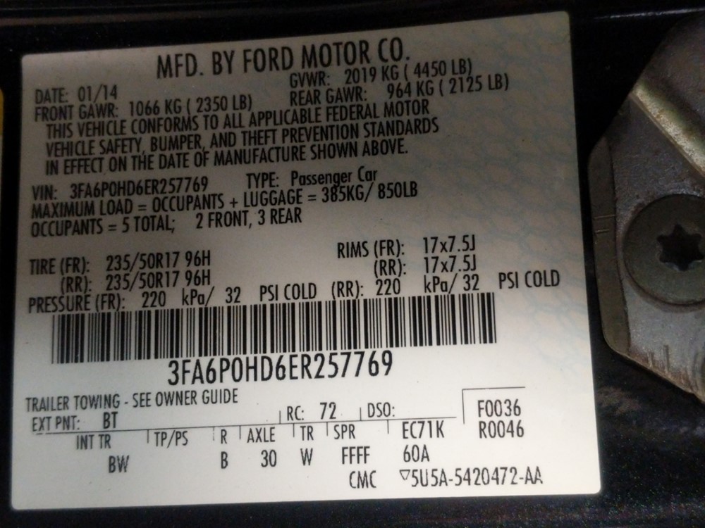 2014 Ford Fusion - VIN Plate