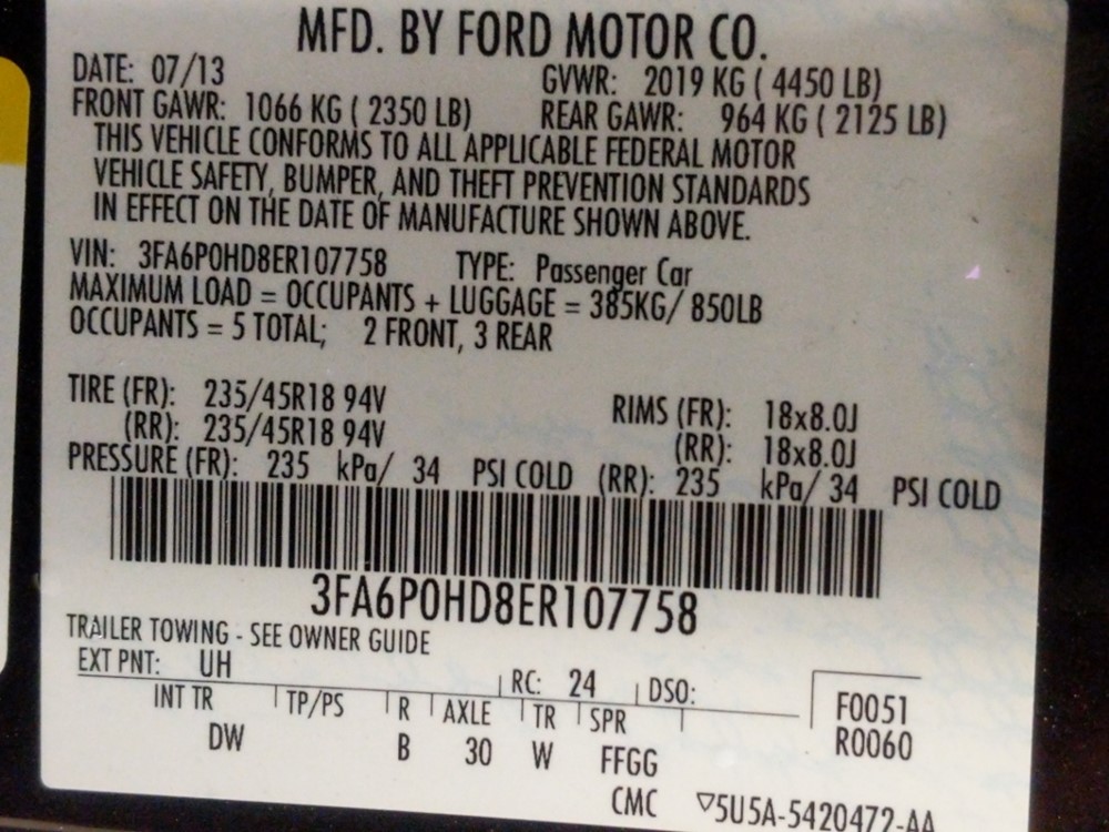 2014 Ford Fusion - VIN Plate