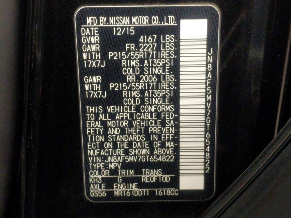 2016 Nissan JUKE - VIN Plate